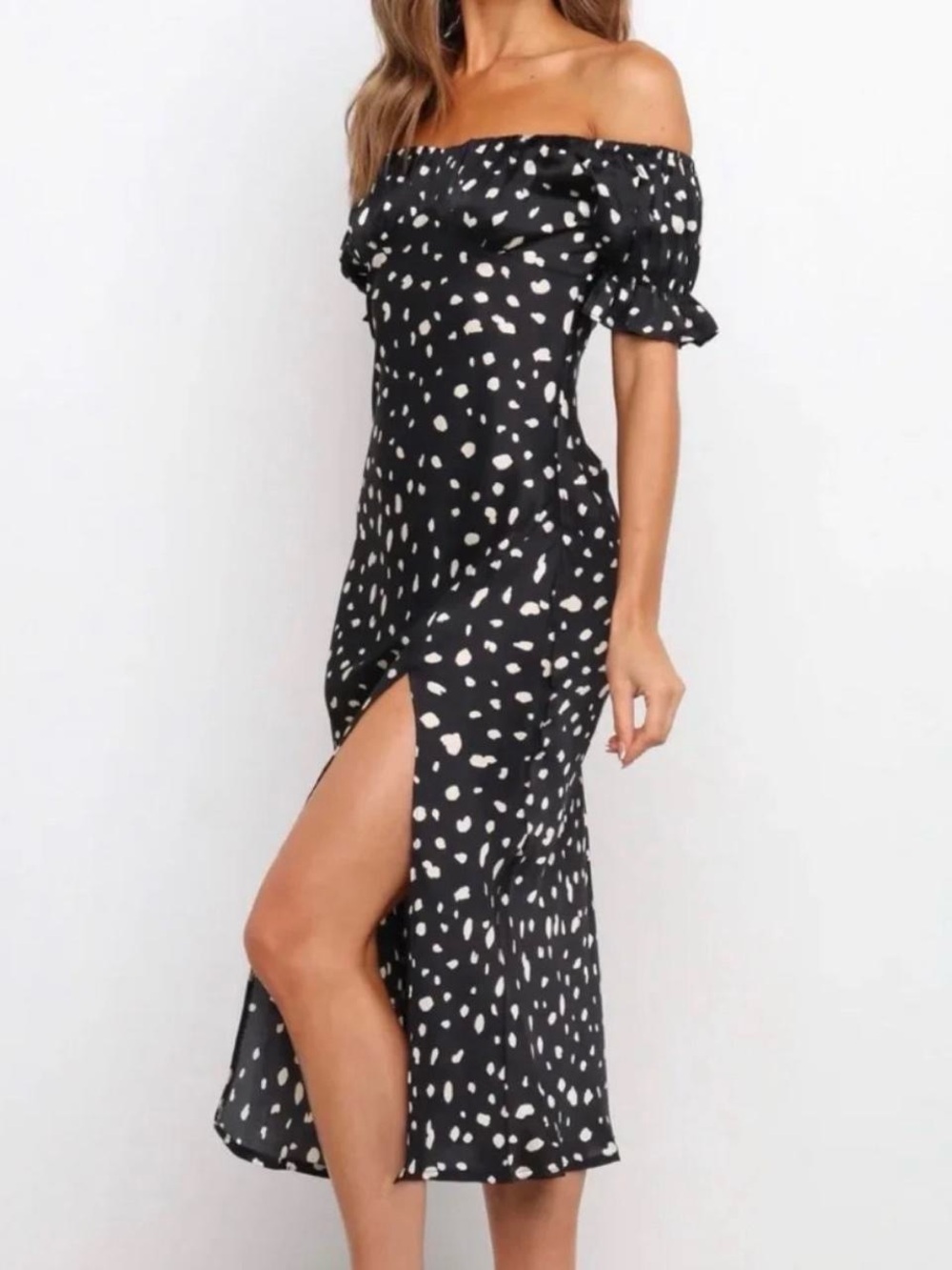 Petal & Pup Women’s Black and White Off the Shoulder Spot Polka Dot Midi Dress